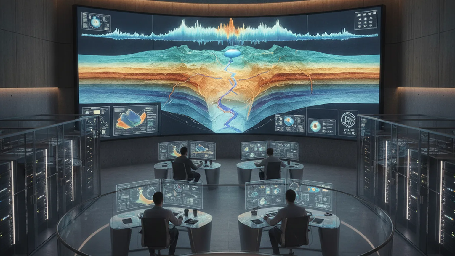 Salle de commande géoscience : mur de visualisation affichant des coupes 3D de réservoirs et de strates rocheuses en bleu et ambre, des ingénieurs analysant des données subsurface, illustrant l'IA agentique appliquée à l'exploration pétrolière