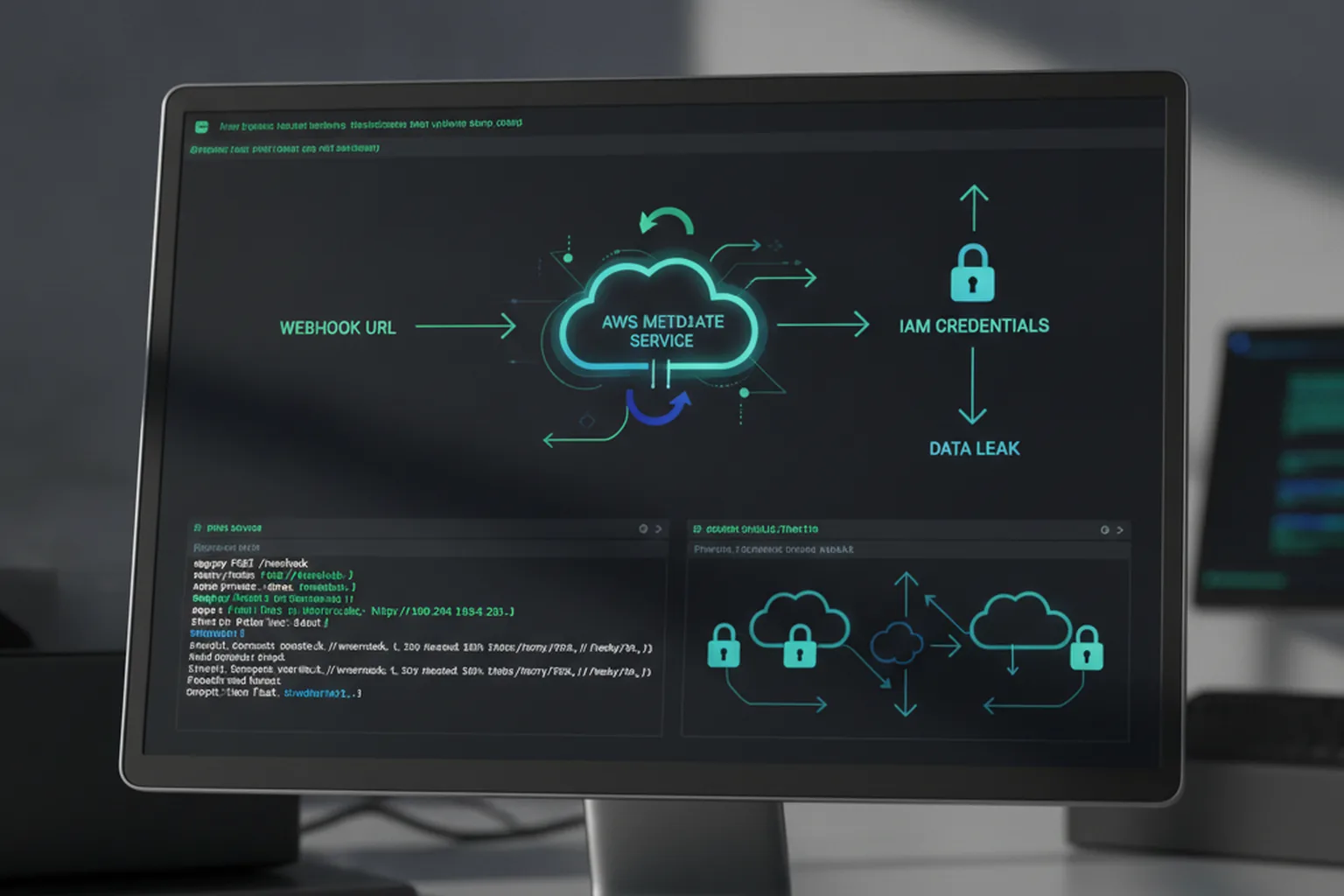 Monitor displaying an SSRF attack chain diagram showing a webhook URL redirecting through AWS instance-metadata service to leak IAM credentials, illustrating the MLflow CVE-2026-64849 vulnerability
