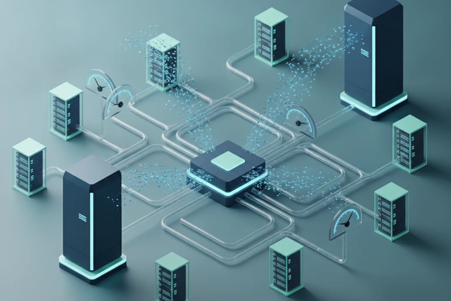 Isometric illustration of a central routing hub sending streams of data packets to many small server racks and a few large premium server towers, with cost gauges along the pipes