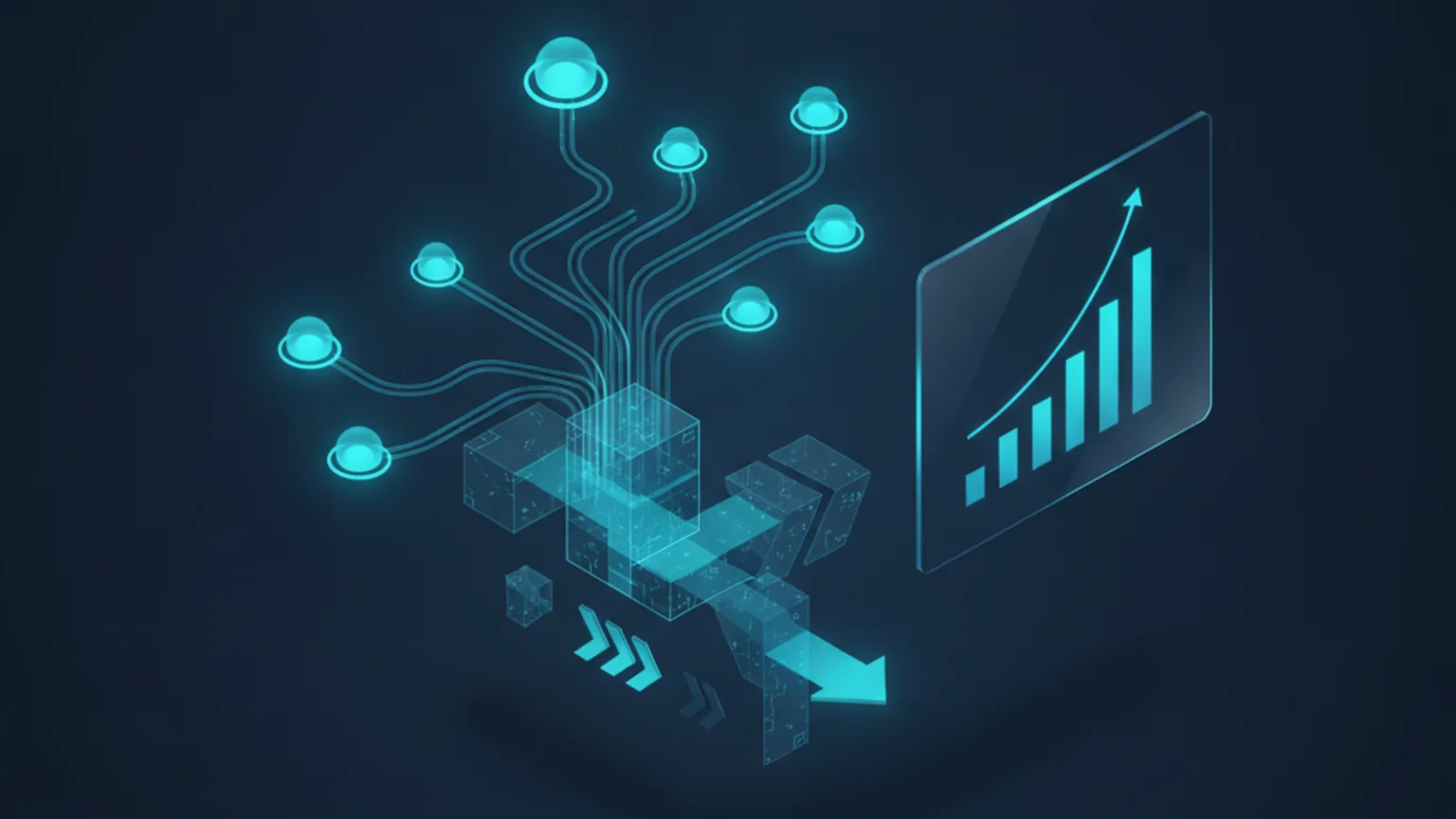 Multiple glowing AI agent nodes converging into a software build pipeline of geometric blocks and arrows, next to an abstract analytics panel showing a rising chart, illustrating multi-agent orchestration with cost and usage tracking