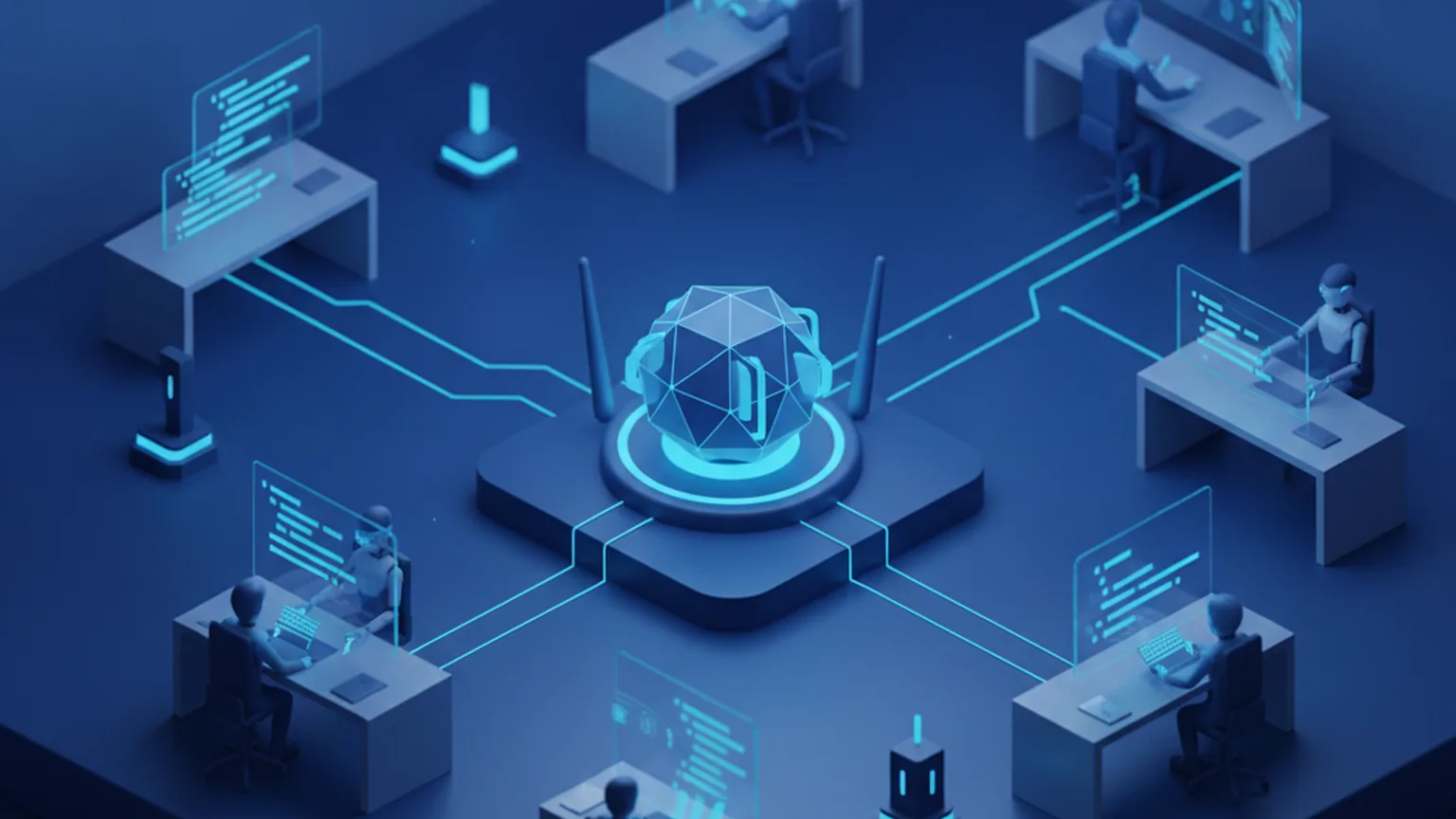 Isometric illustration of a glowing central routing hub sending streams of light to several workstations where developers and small robots build code blocks