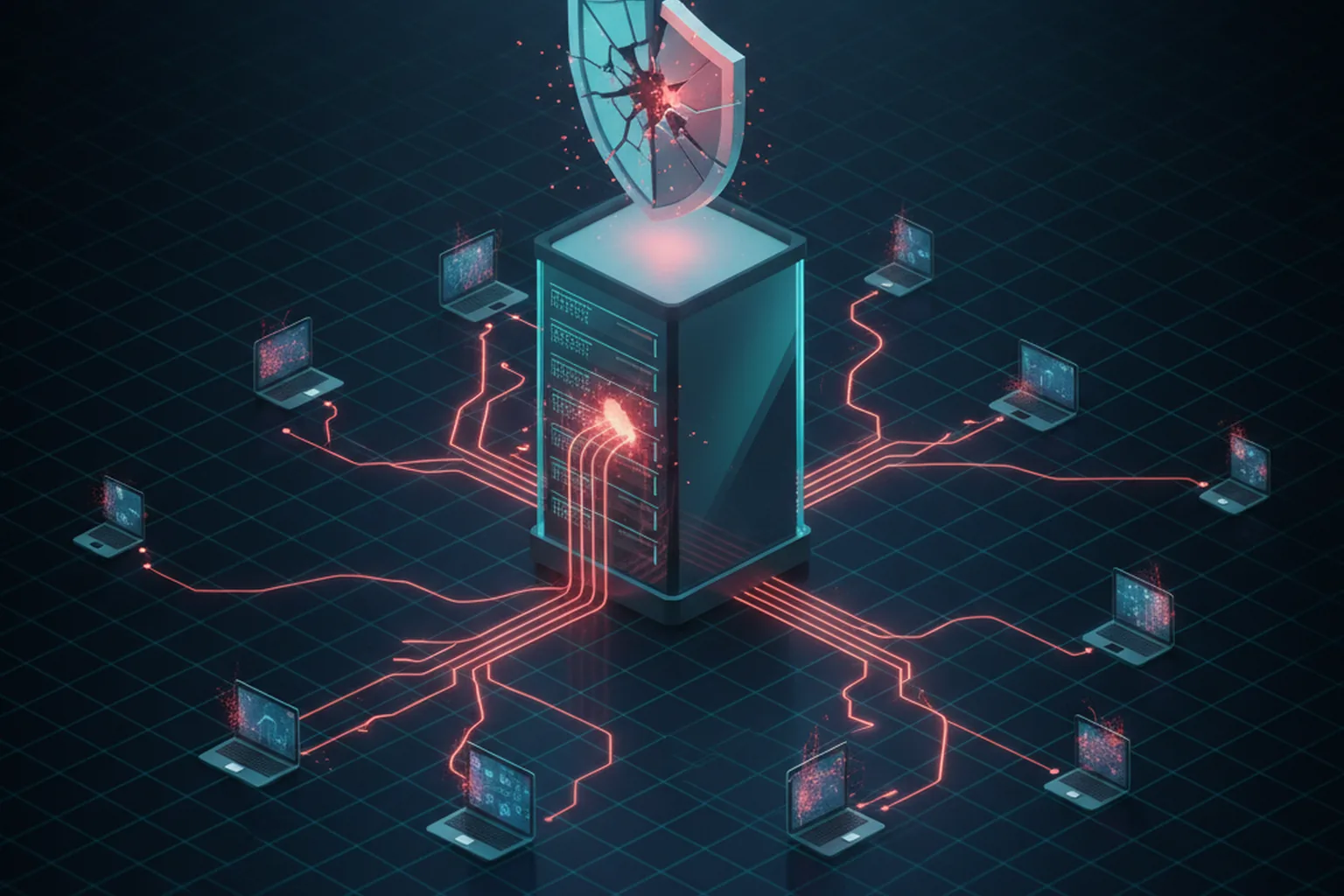 Isometric illustration of a compromised server rack under a shattered shield, with red intrusion pathways spreading out to many managed laptop endpoints across a dark network grid