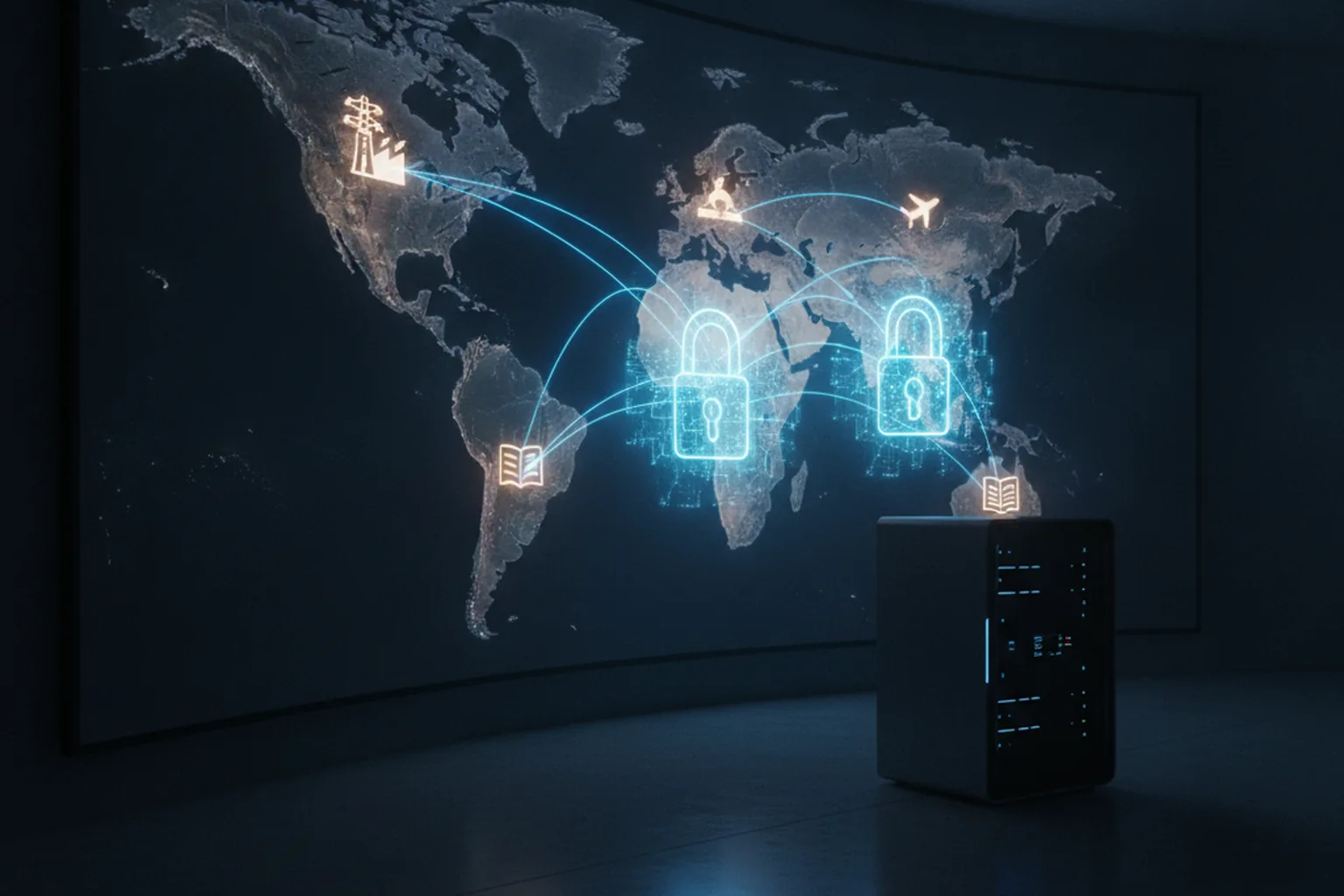 Dark operations room with a world network map on the wall, scanning lines converging on power, airport and university icons, sealed by glowing padlocks