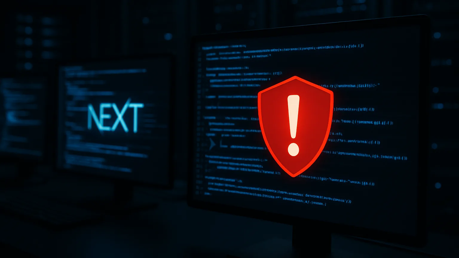 Developer screens showing Next.js code with a red critical security alert shield overlay, representing emergency RCE patch for web framework