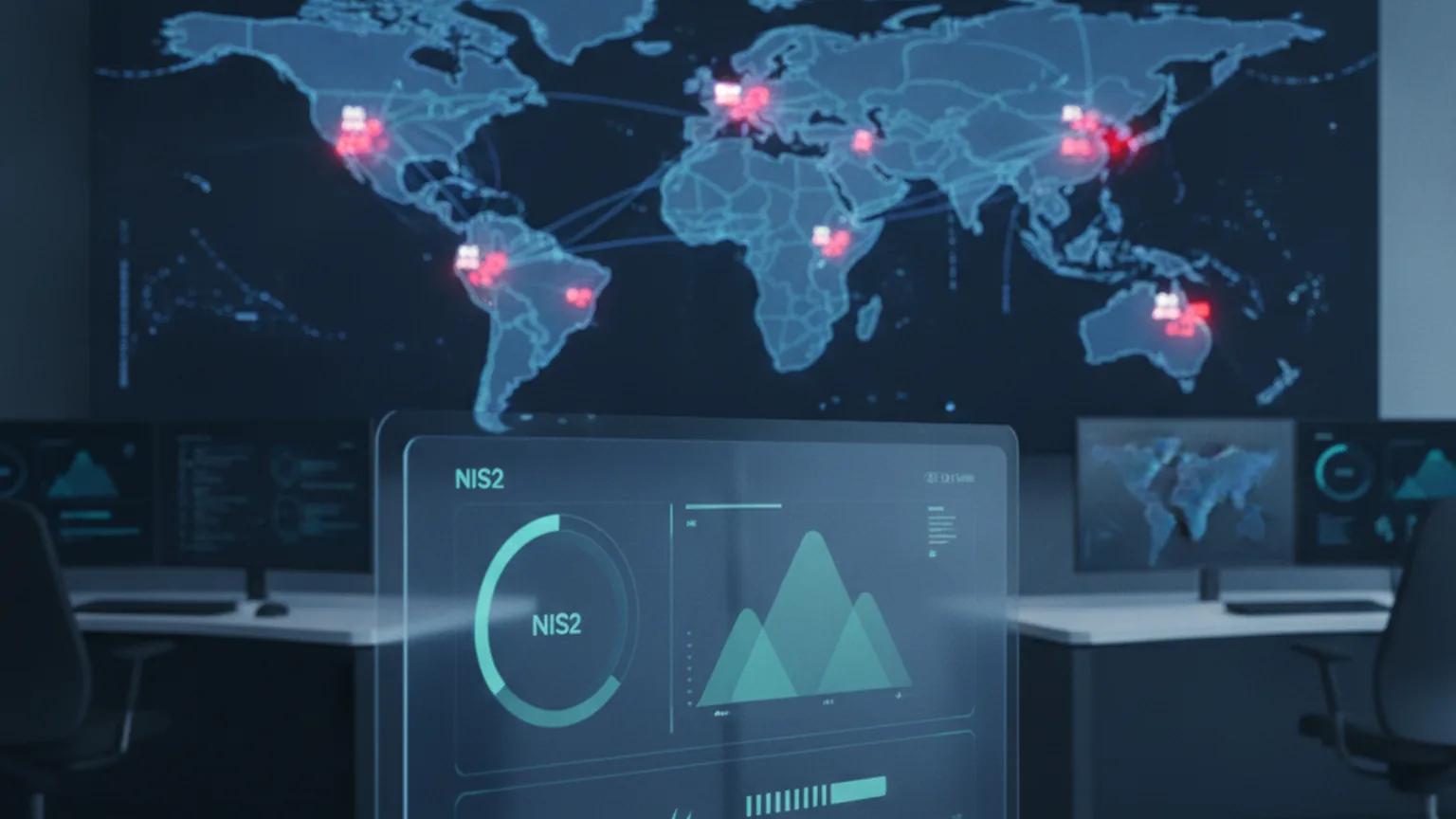 Centro operativo di cybersicurezza con dashboard NIS2 e mappa delle minacce ransomware contro le PMI italiane, atmosfera professionale in blu scuro