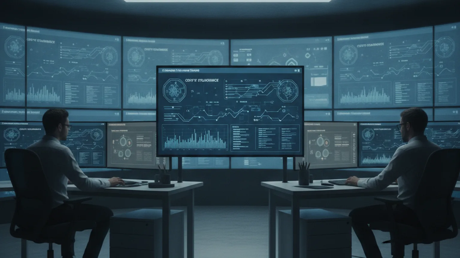 Security operations center con analisti che monitorano dashboard di conformit&agrave; e metriche di sicurezza di rete, atmosfera aziendale blu-grigio