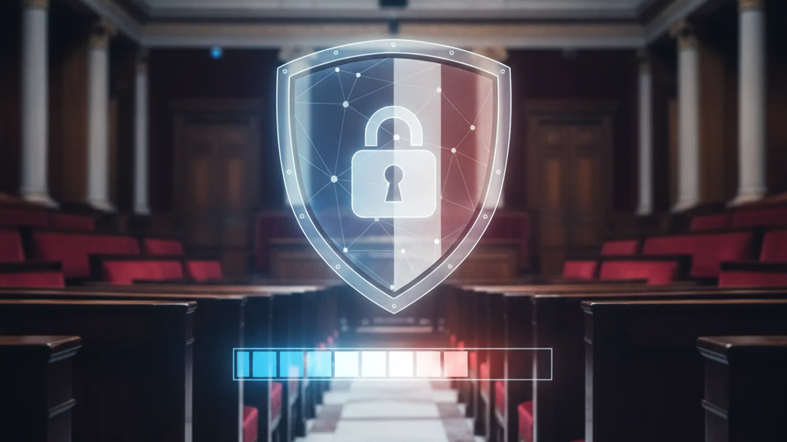 Hémicycle parlementaire vide en arrière-plan, un bouclier numérique translucide avec un cadenas et une barre de progression figée aux teintes bleu-blanc-rouge, symbolisant la transposition de NIS2 bloquée en France