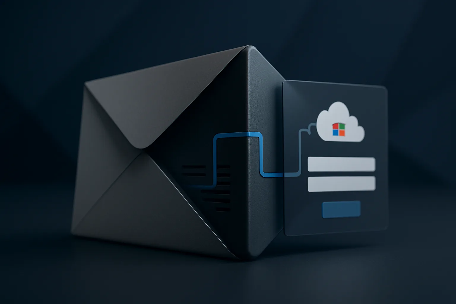 Dark-themed 3D illustration of an email envelope connected by a relay wire to a Microsoft 365 login form card, symbolizing an adversary-in-the-middle phishing interception