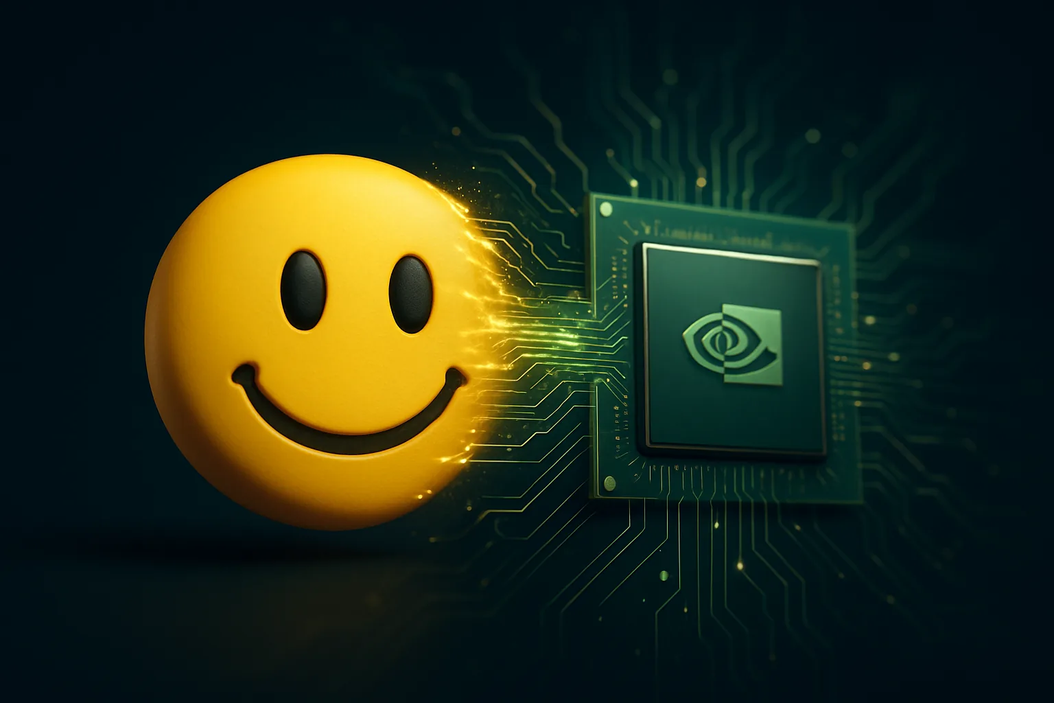 Yellow smiley face merging with a green GPU chip on a dark background, illustrating a major AI model hub acquisition by a chip manufacturer