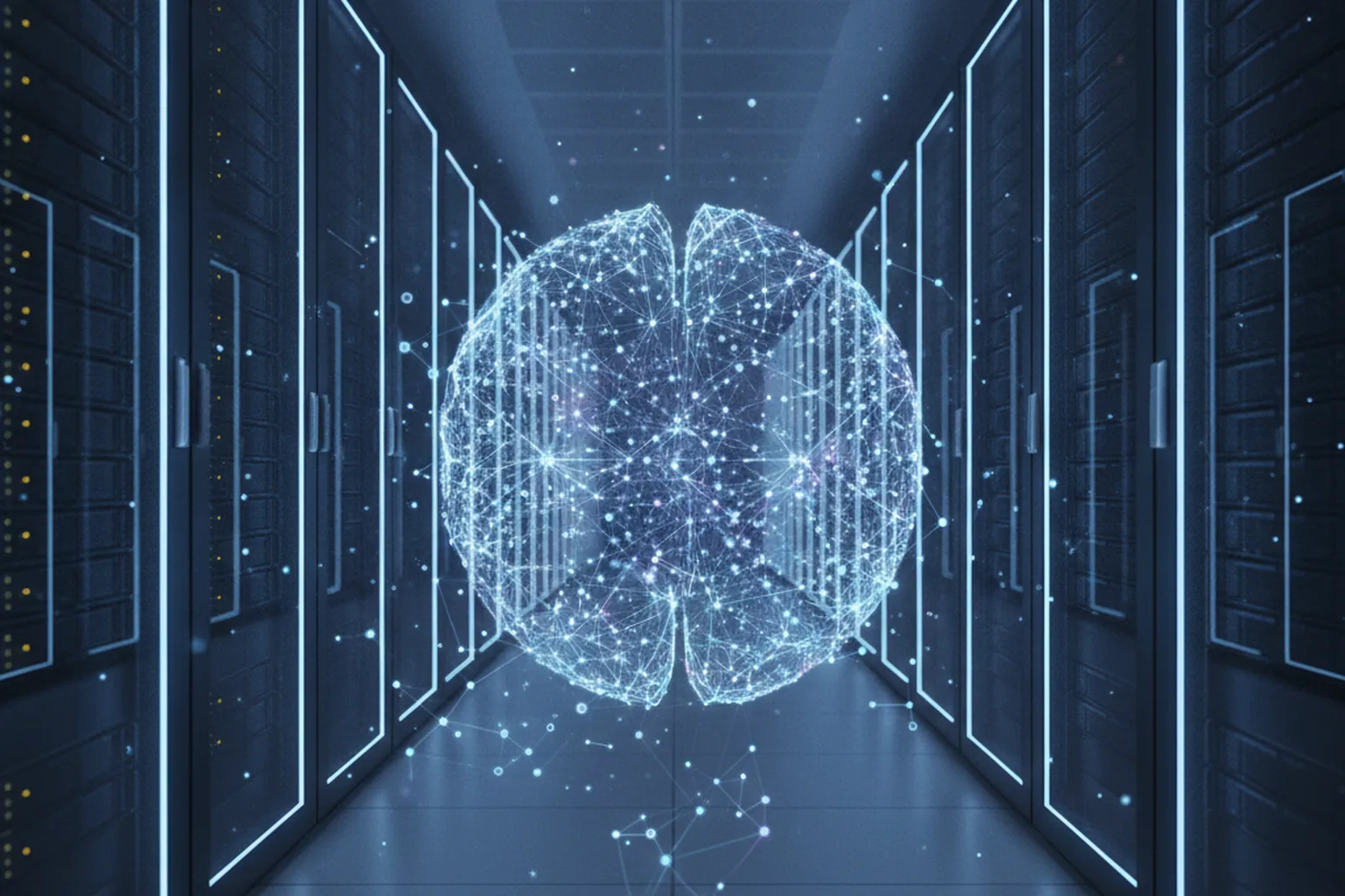 Modern enterprise data center with server racks and glowing neural network visualization, representing AI-powered search infrastructure investment