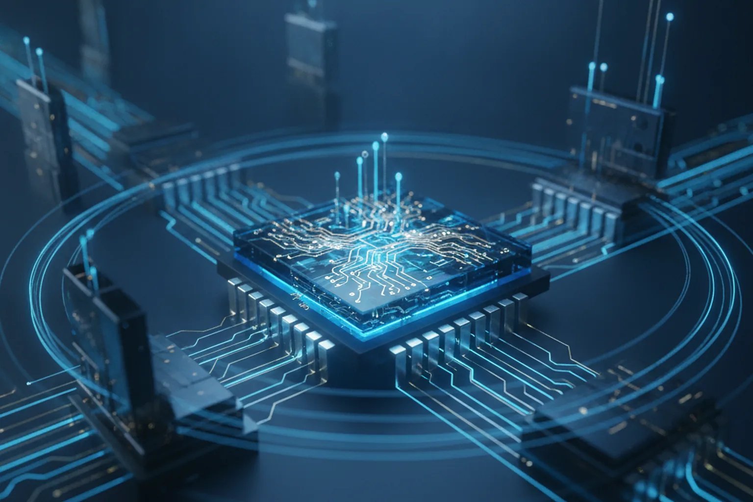 Glowing semiconductor chip surrounded by circuit pathways on a dark blue abstract background, representing AI hardware and model training infrastructure
