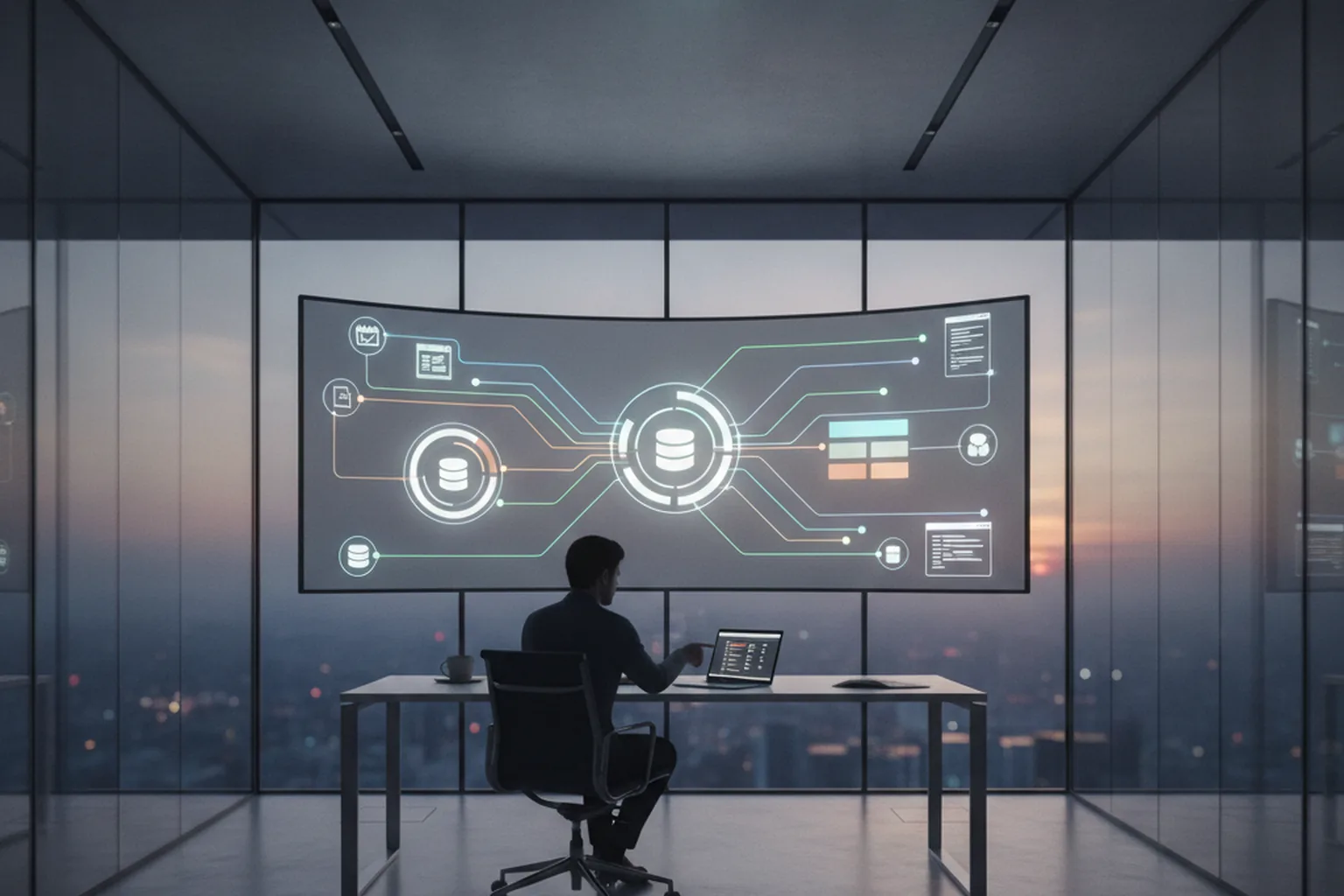 A person at a laptop in a glass-walled office at dusk, facing a large curved screen with a workflow diagram of connected nodes linking databases, documents and calendar icons, illustrating an AI agent delegating tasks