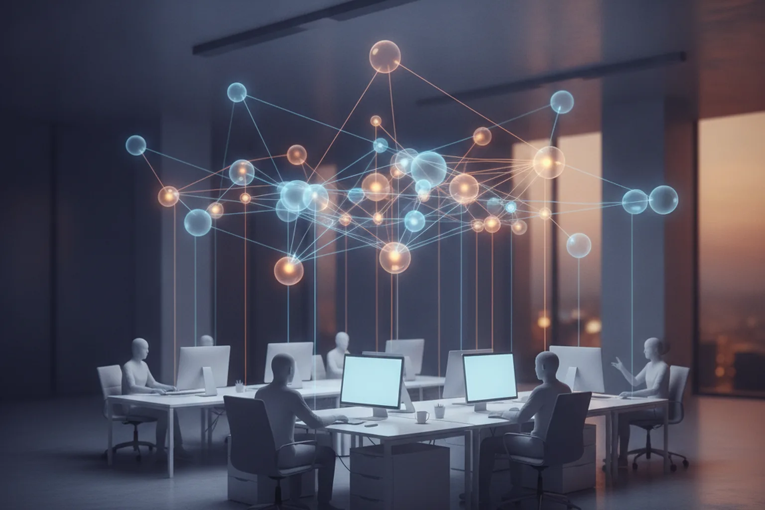 Employees at desks in an open-plan office at dusk with glowing lines rising from each workstation into a floating network graph, illustrating a live map of work and skills