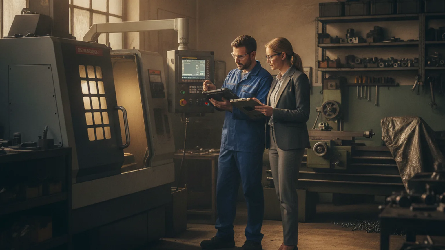 Un tecnico e una manager di una piccola officina meccanica consultano dati di produzione su un tablet accanto a un centro di lavoro CNC