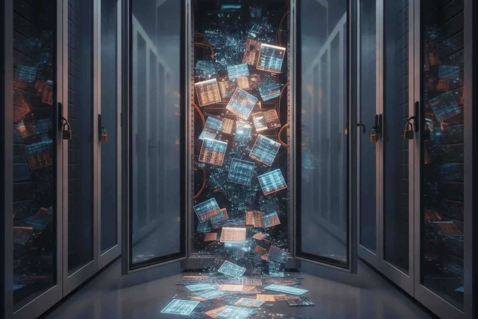 A dark server aisle where one database cabinet stands open and glowing data tables spill onto the floor, while the neighboring cabinets stay padlocked