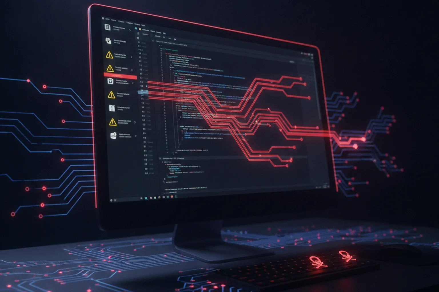 Dark developer workstation displaying code editor with red threat indicators and circuit patterns representing malicious IDE extension exfiltration