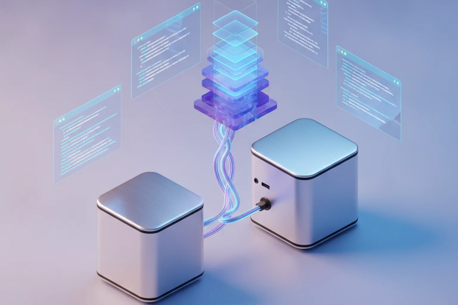 Isometric illustration of two compact desktop workstations linked by a glowing cable, with a translucent stack of model layers and code editor windows floating above them
