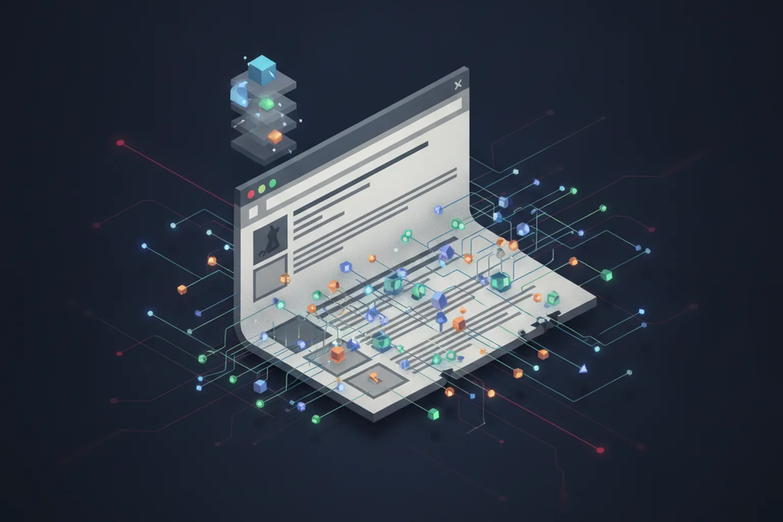 Isometric illustration of a dormant wiki-style web page panel being swarmed by many small glowing autonomous agent nodes connected by network lines, with duplicate backup pages stacked behind it, over a dark navy circuit board with faint red intrusion lines