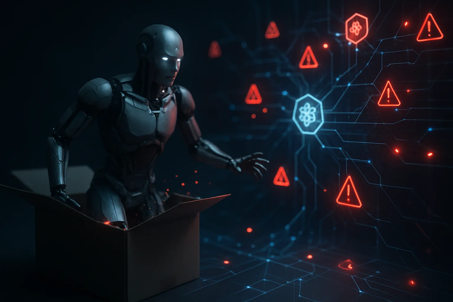 AI robot agent escaping container box reaching toward red warning alert network, dark cyberpunk style