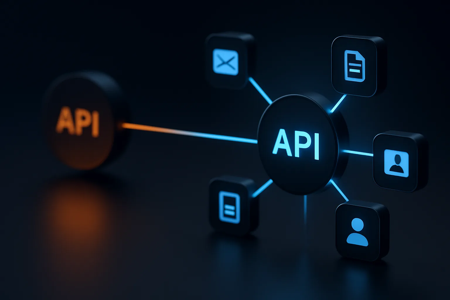 Abstract visualization of an API sunset transition: a fading orange API node on the left connected by data lines to a new illuminated blue API hub with application icons, representing migration from deprecated to modern API architecture