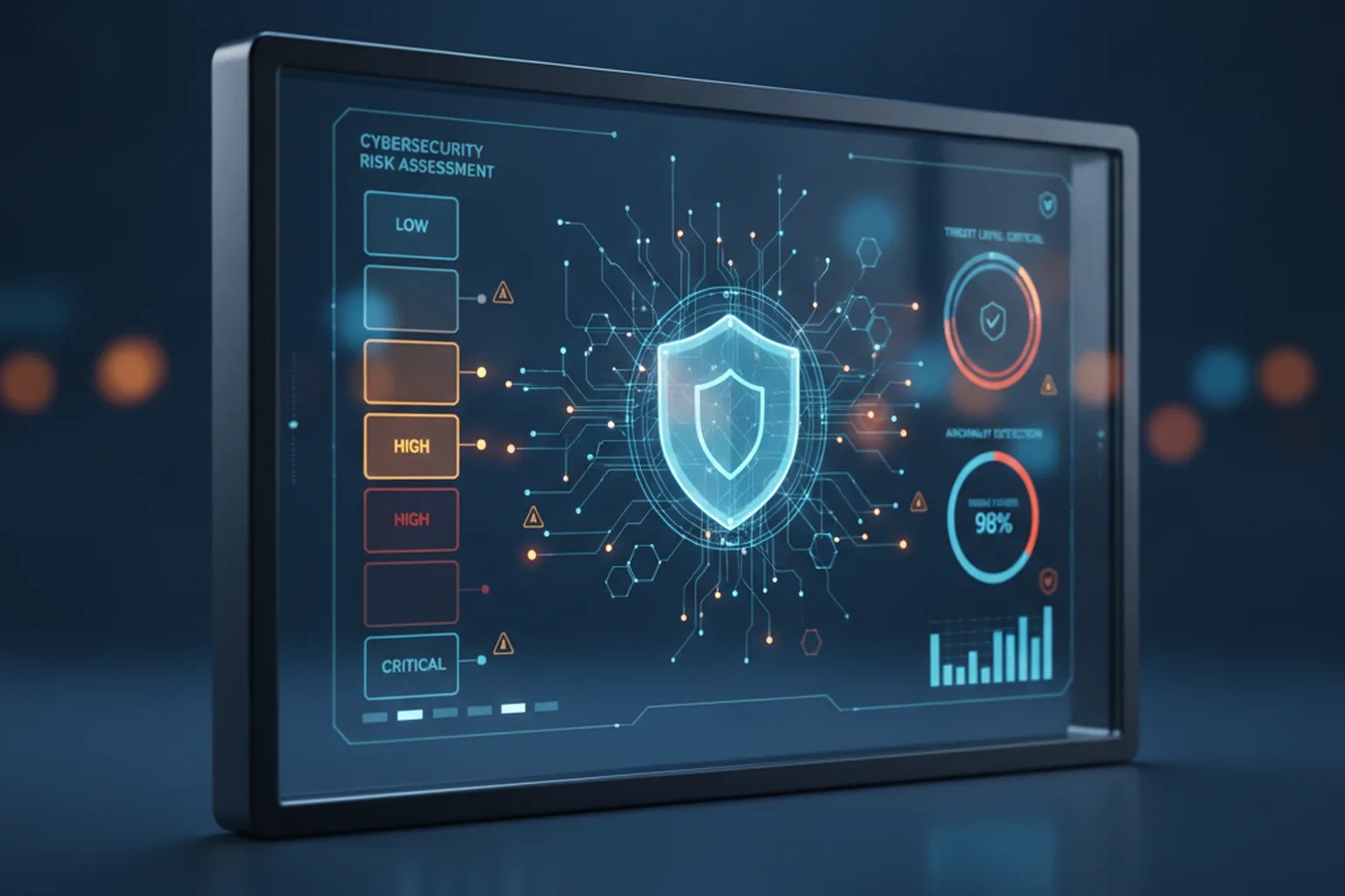 Cybersecurity risk assessment dashboard showing capability tiers from Low to Critical, with shield icon and neural network elements on a dark blue background