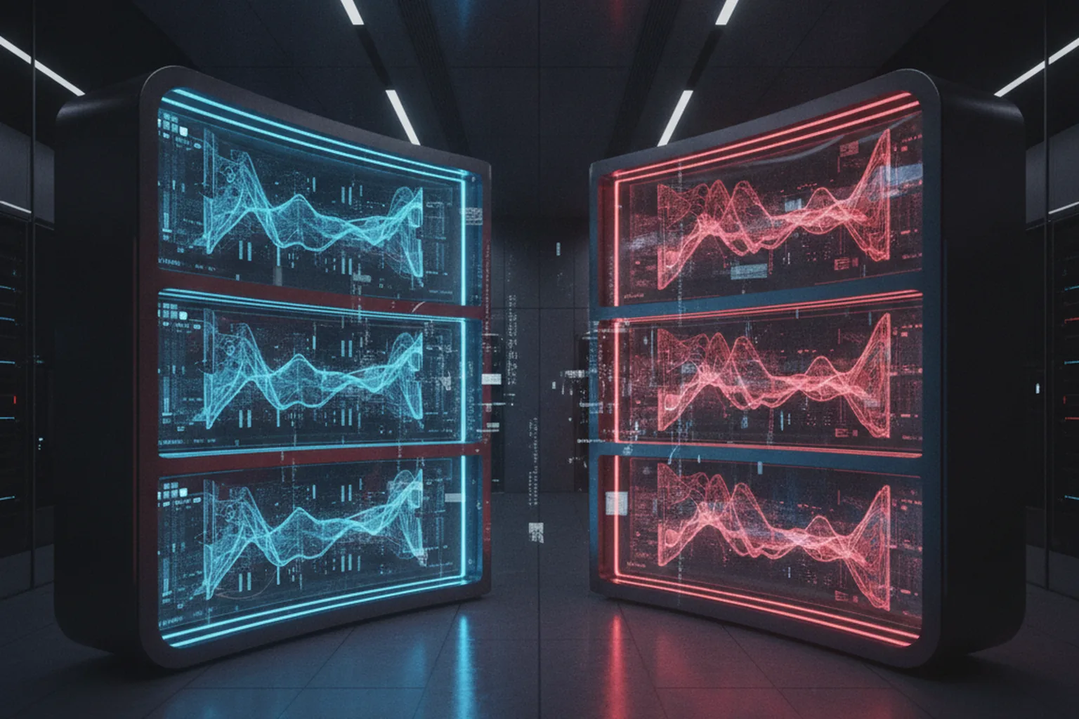 Dark cybersecurity operations center with split blue and red glowing terminals representing dual-tier AI security access with neural network data streams