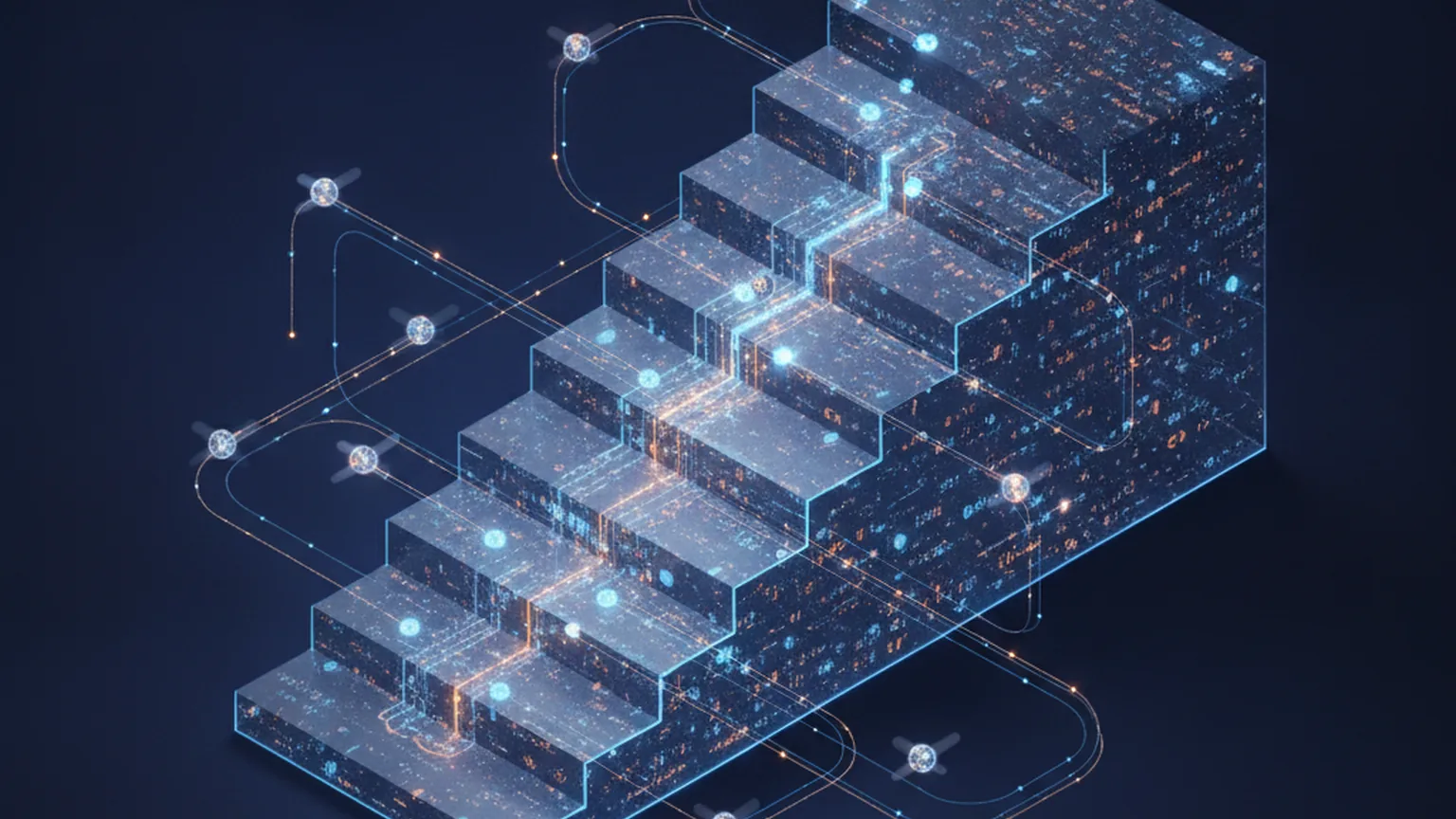 Isometric illustration of a descending staircase of glowing code tokens with autonomous agent nodes on amber and blue data lines over a deep navy background