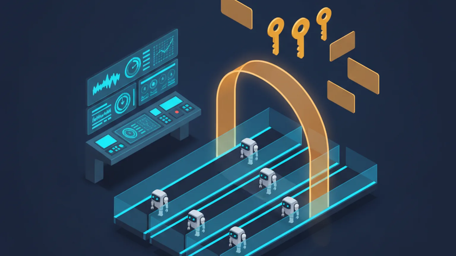 Isometric illustration of a control console monitoring dashboards while small robot agents travel along blue guarded lanes through an amber permission gate, with floating key and card icons