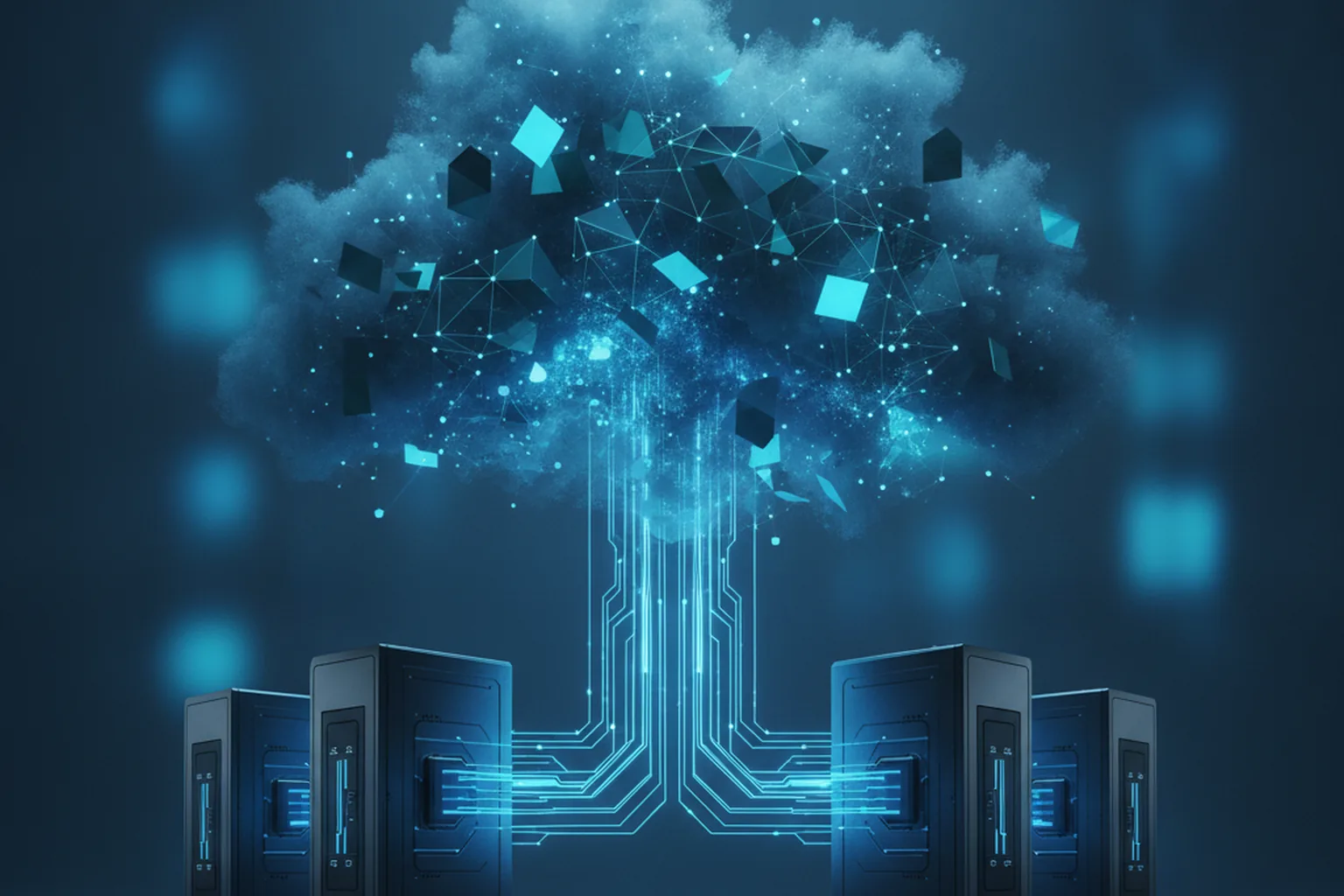 Enterprise data servers feeding glowing data streams up into an abstract network of autonomous software agents inside a private cloud, illustrating governed data grounding sovereign agentic AI