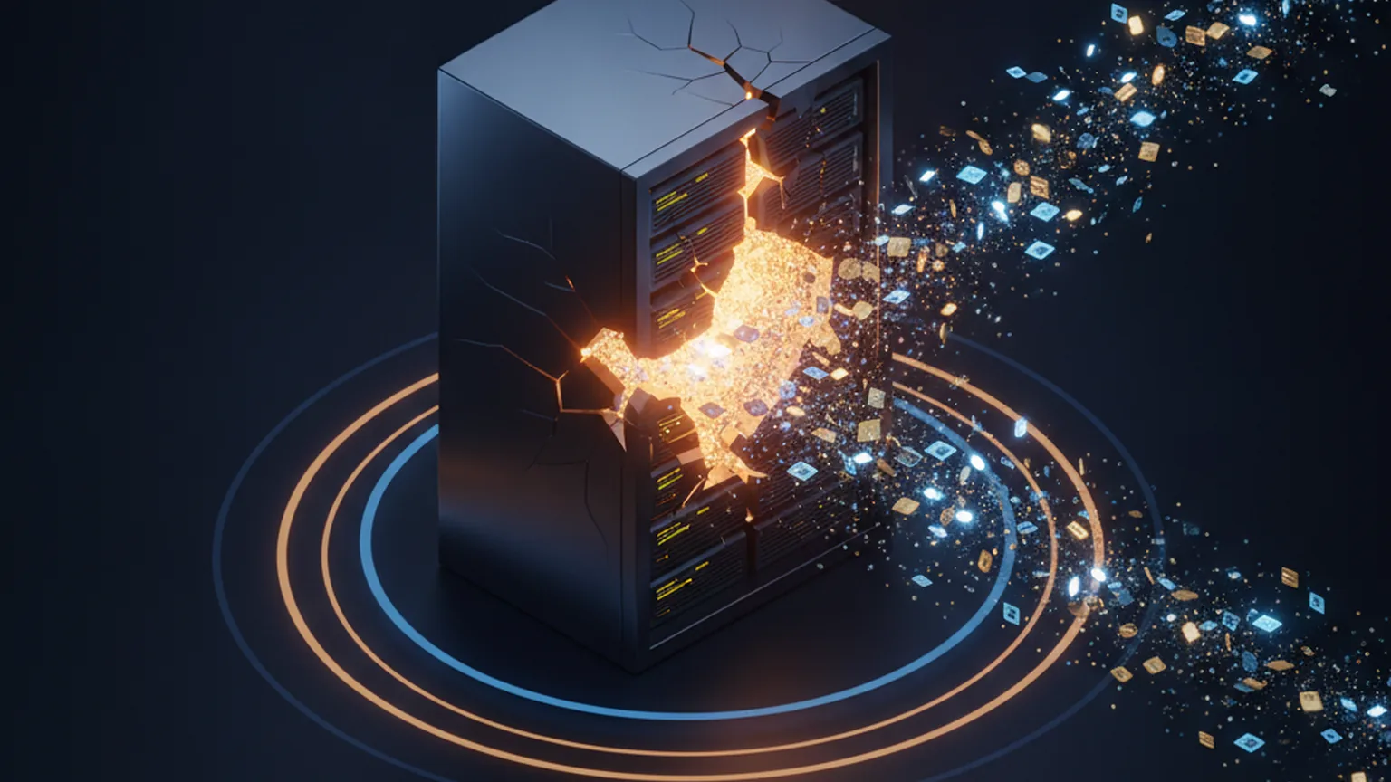 Isometric illustration of a cracked enterprise server rack breaking open with amber warning light, glowing payment-data particles leaking out into deep navy space, ringed by blue and amber light tracks