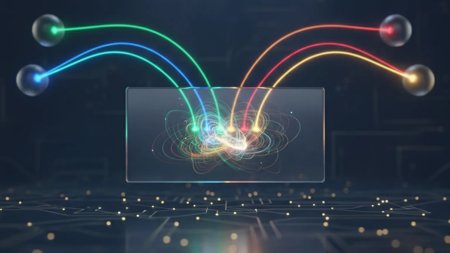 Several distinct coloured data streams flowing from separate sources and converging into a single unified glass dashboard panel over a dark navy background, illustrating multiple AI models feeding one enterprise application layer