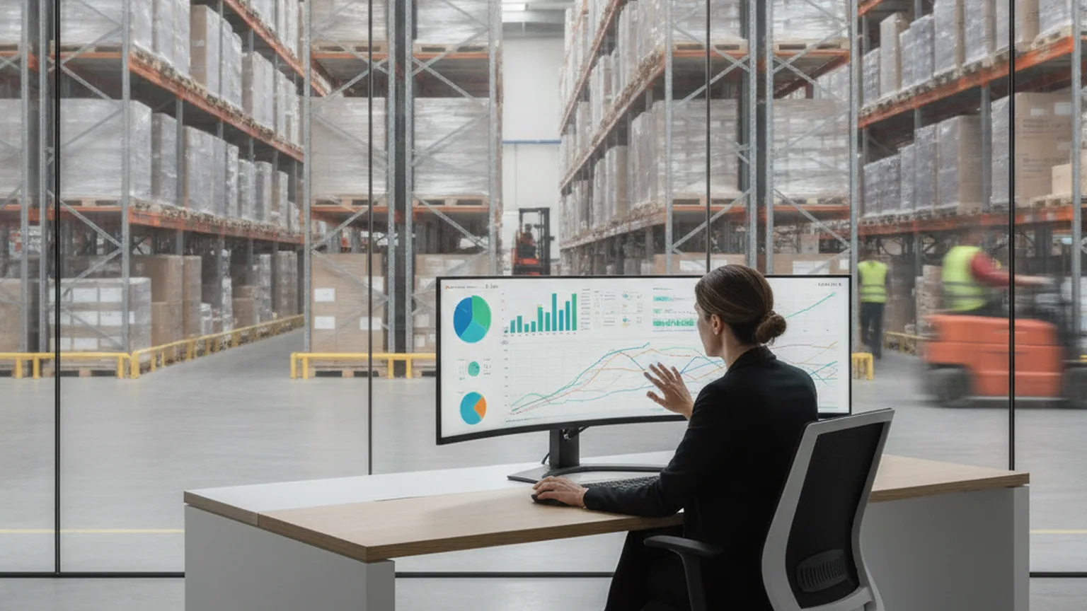 Responsabile acquisti davanti a un monitor con grafici degli ordini, dietro una vetrata che affaccia su un magazzino di distribuzione con scaffali e carrelli elevatori