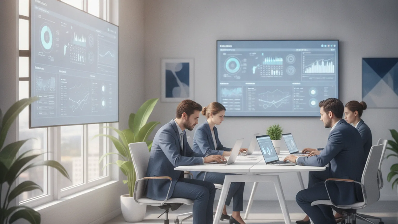 Équipe d'une PME française réunie autour d'ordinateurs portables et d'écrans muraux affichant des tableaux de bord d'intelligence artificielle dans un bureau lumineux