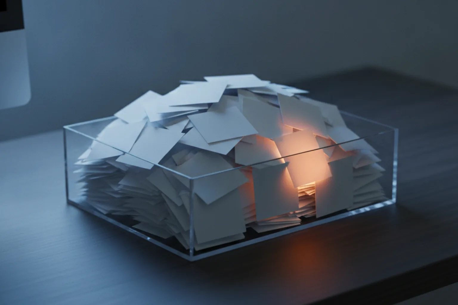 A clear inbox tray on a dark desk overflowing with blank paper slips, with a single slip glowing amber deep inside the pile