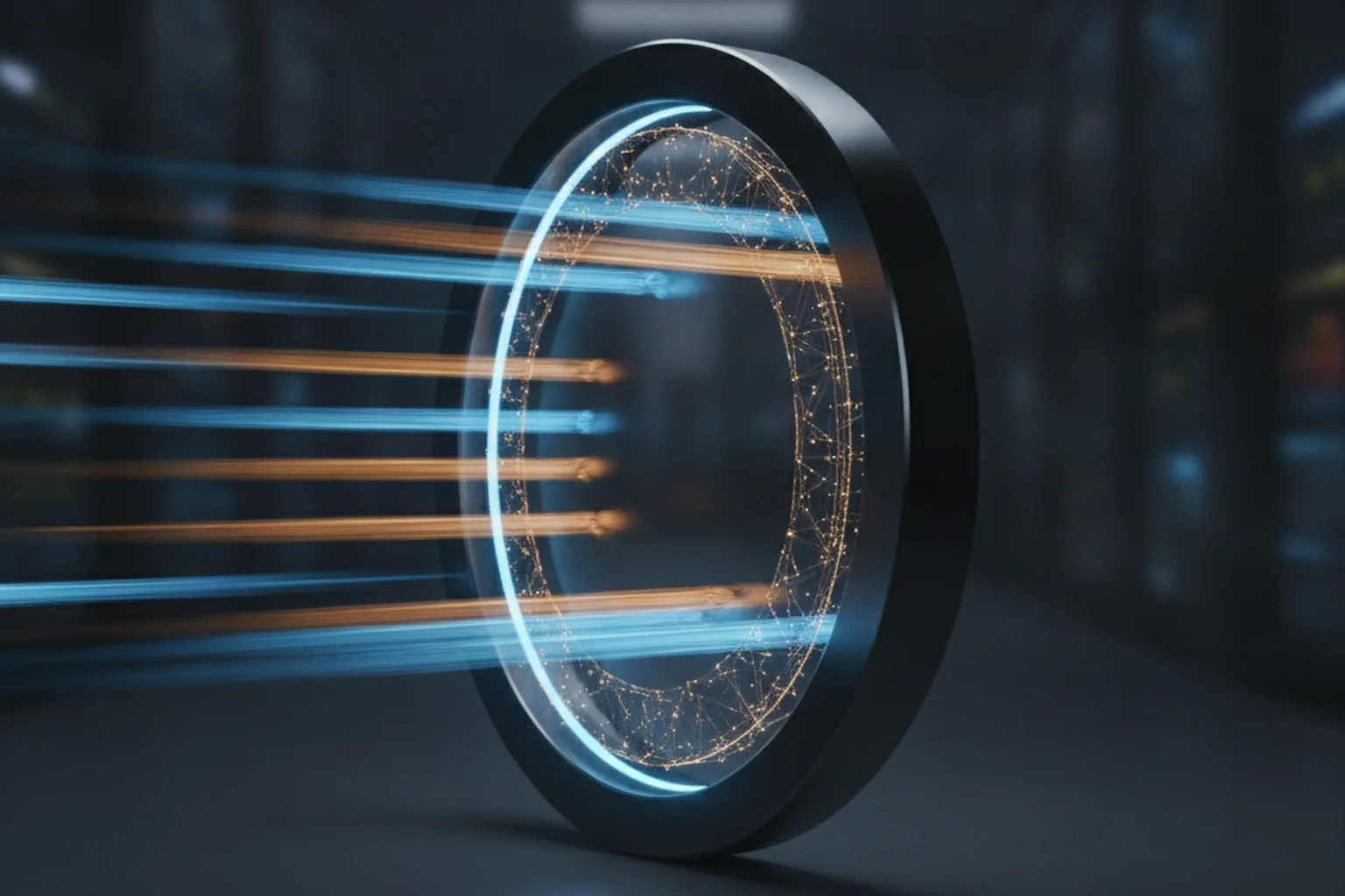 Streaks of blue and amber light racing forward through a precise calibrated ring that steadies their pace, a metaphor for deliberately governing the speed of AI progress
