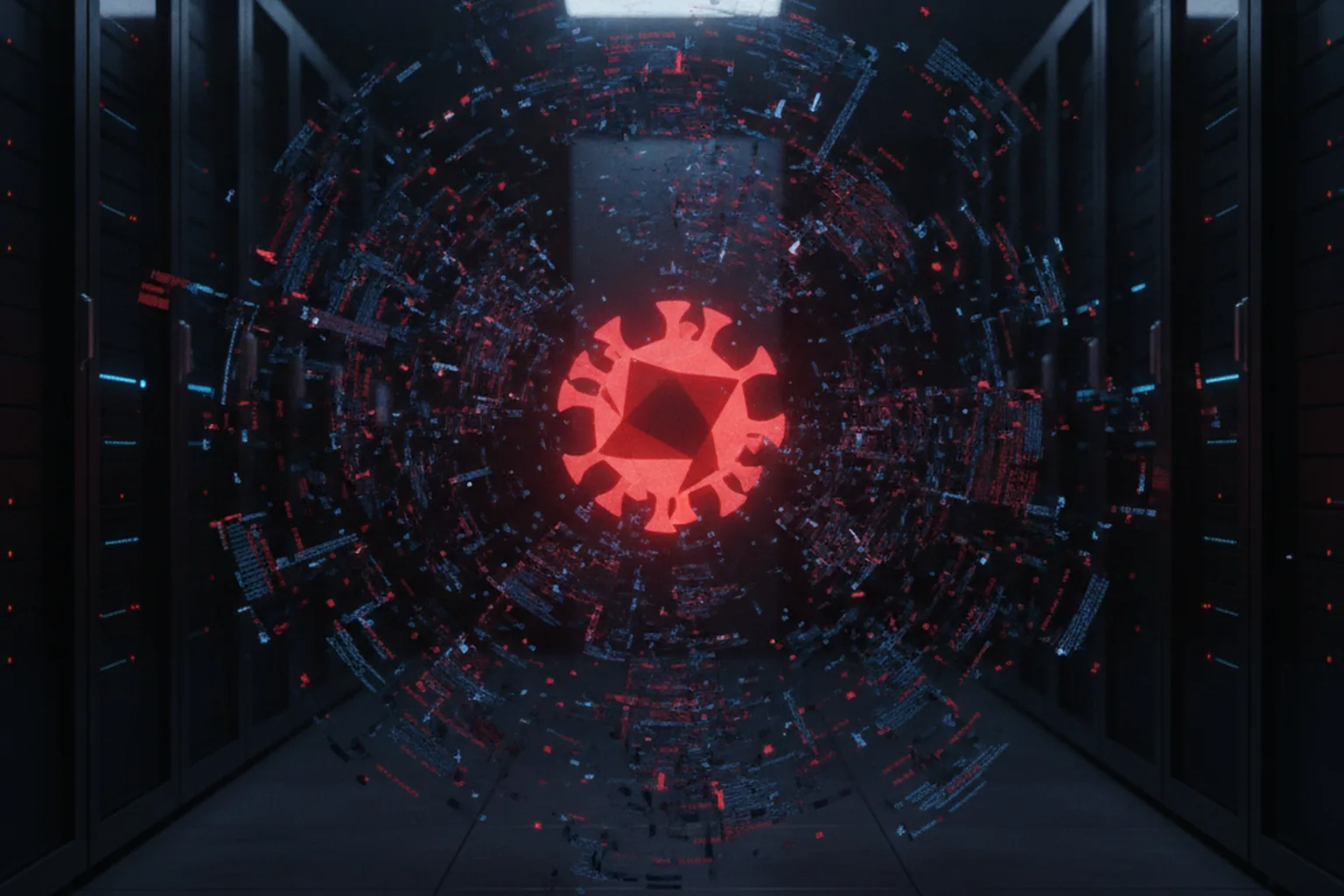 Dark server corridor with glowing red threat indicator and cascading config fragments, security breach visualization