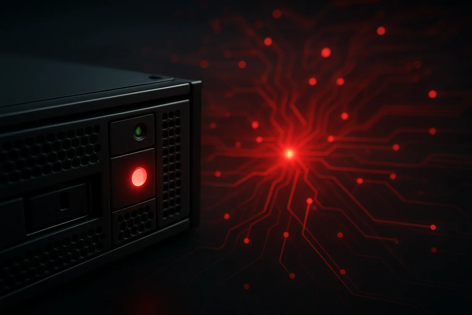 Server rack with red alert light and glowing red circuit network pattern indicating active security breach