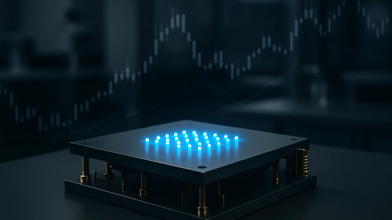 Processeur quantique à atomes neutres avec qubits bleus lumineux sur fond sombre, graphiques boursiers en arrière-plan, évoquant l'introduction en bourse de Pasqal au Nasdaq