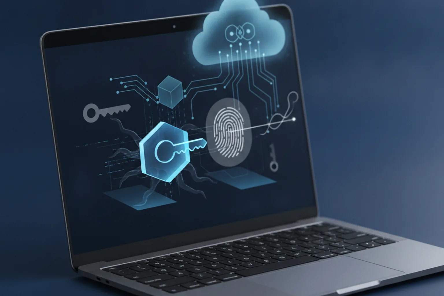 Isometric illustration of a glowing digital passkey token being silently copied by shadowy malware on a laptop, with a greyed-out bypassed fingerprint icon and cloud-sync lines over a dark blue background