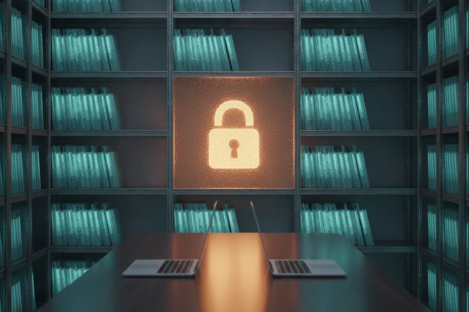 Shelves of teal patient record folders in a dim archive, with one section locked behind an amber glass panel marked by a glowing padlock, representing a security freeze on medical records software