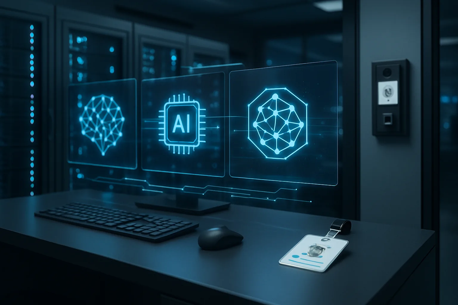 Secure enterprise AI workstation with three holographic displays showing AI model icons and a server room background, representing a multi-model government AI platform