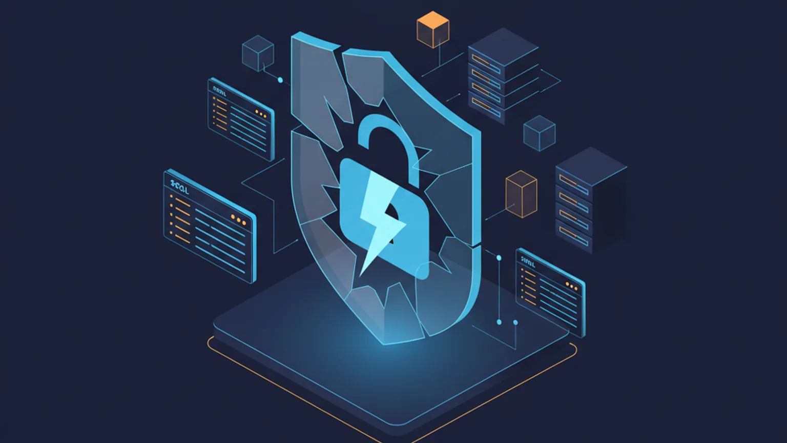 Isometric illustration of a cracked security shield with a broken padlock over abstract SQL data tables and server racks in amber and electric blue on a deep navy background