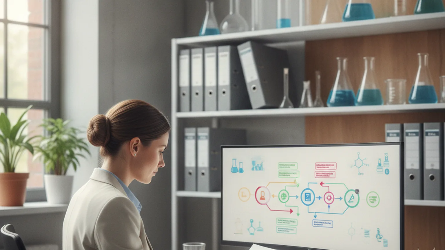 Spécialiste des affaires réglementaires dans un bureau de laboratoire, devant un écran affichant un schéma de circuit documentaire, classeurs et verrerie en arrière-plan