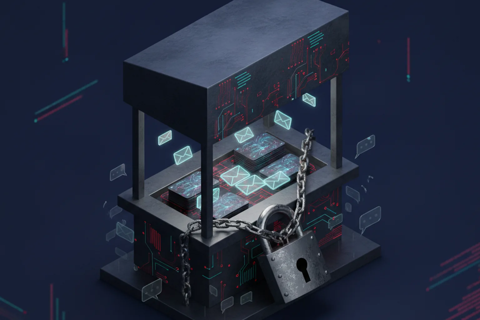 Isometric illustration of a dark digital market stall stacked with glowing envelopes and account cards, locked shut with a heavy chain and padlock