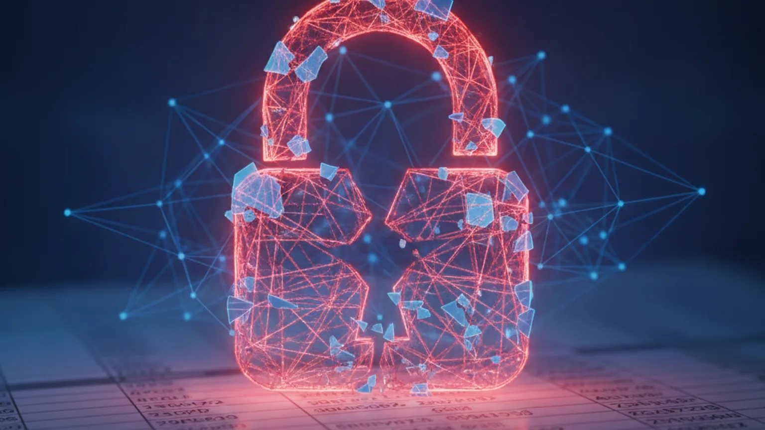 Cadenas numérique brisé en fragments rouges lumineux sur fond bleu sombre, avec des lignes de réseau et des données tabulaires en dessous, illustrant une fuite de données fiscales