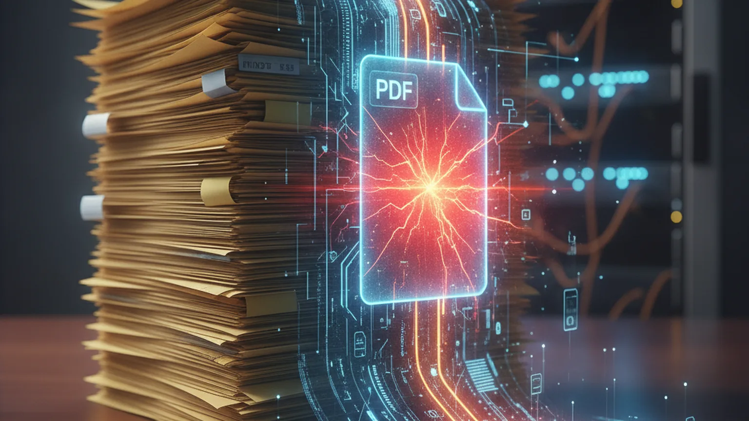 Pile de factures papier se transformant en documents numériques, avec un fichier PDF fissuré d&rsquo;où s&rsquo;échappe une lumière rouge devant des serveurs, illustrant le piratage de la plateforme VosFactures