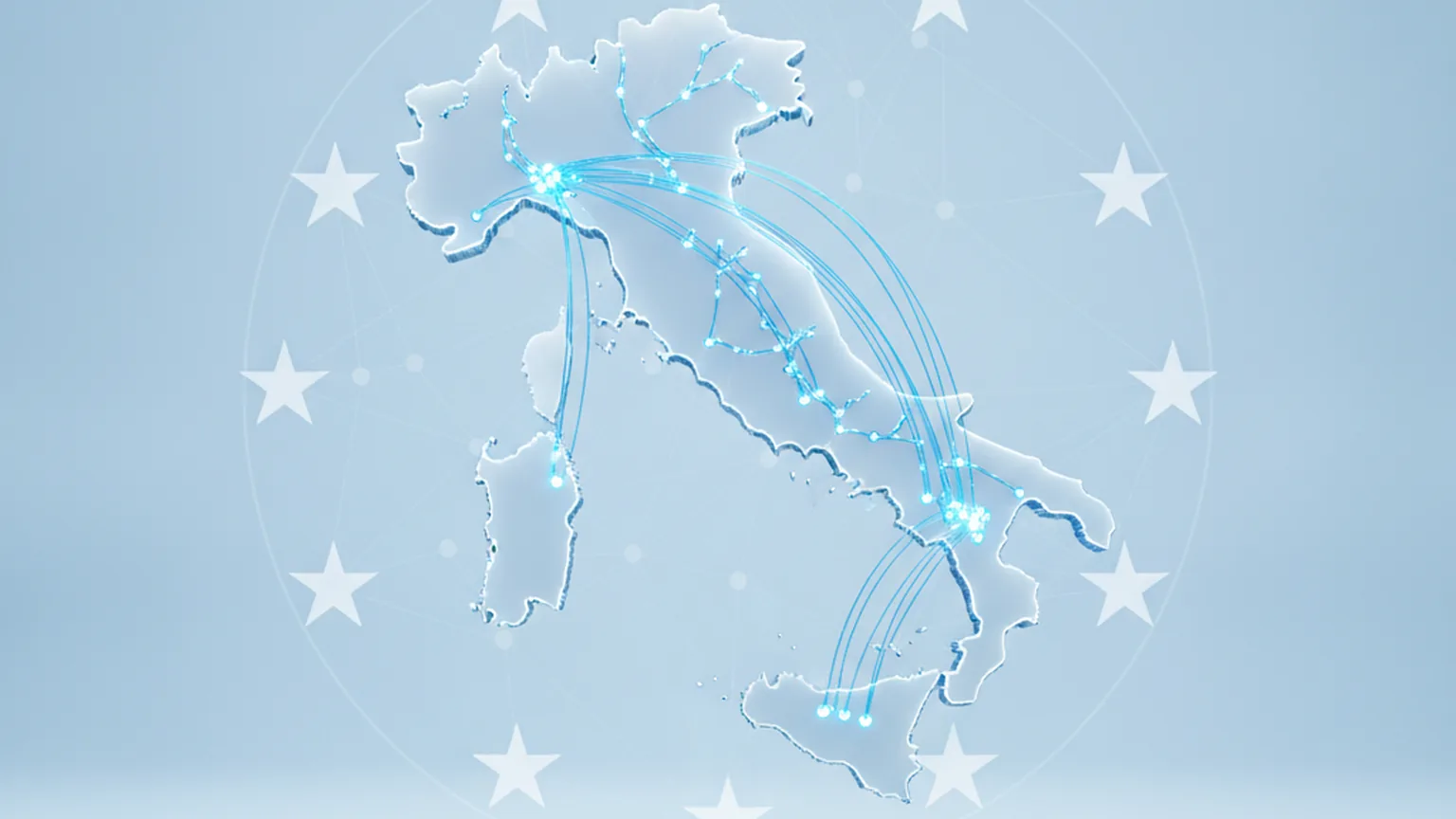 Mappa stilizzata dell'Italia con connessioni di rete in fibra ottica blu che collegano le principali citta, sullo sfondo stelle dell'Unione europea, a rappresentare la digitalizzazione finanziata dal PNRR