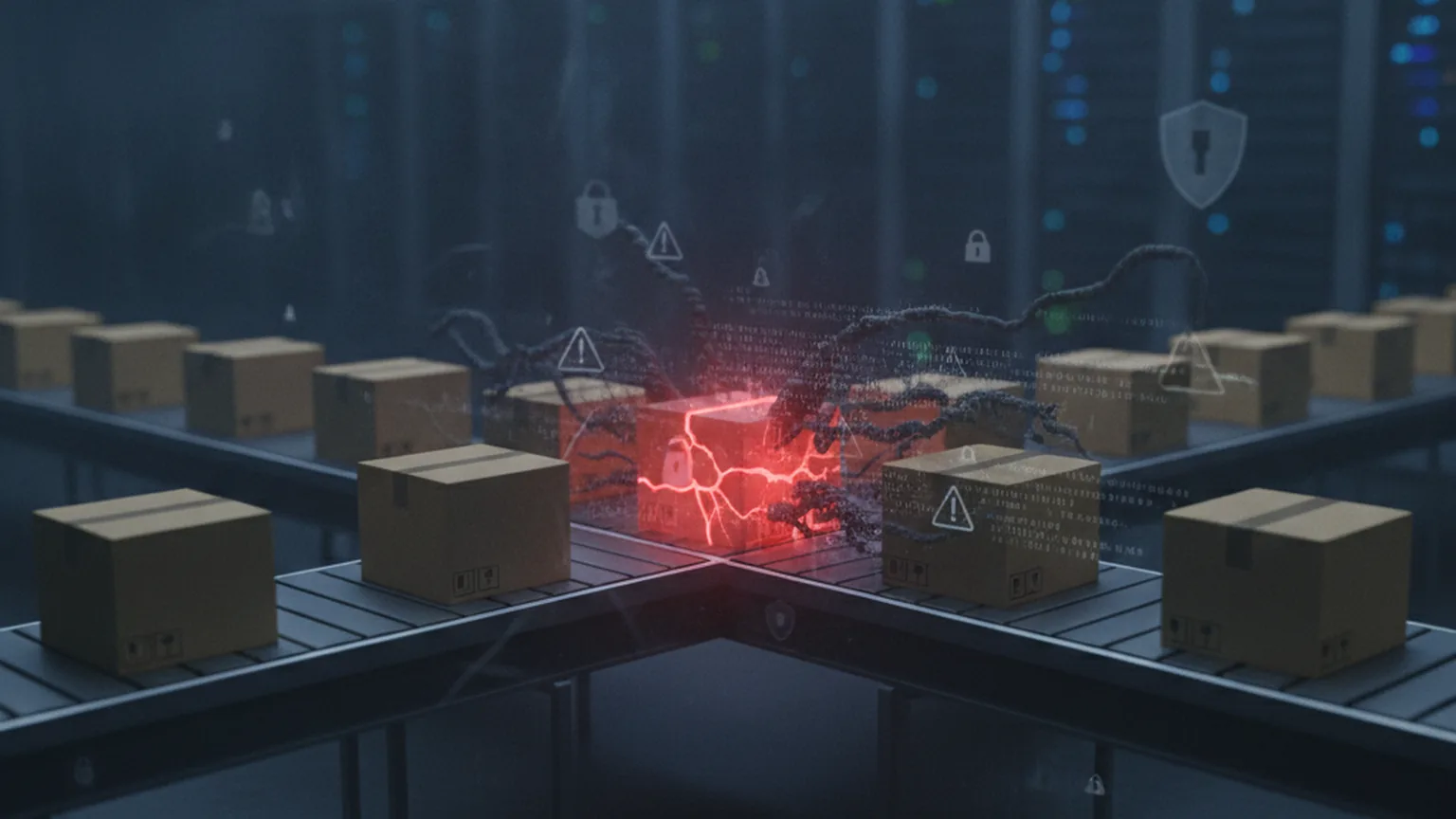 A conveyor belt carrying identical cardboard shipping boxes in a dim data center, with one box glowing red and cracked open leaking dark tendrils of code, illustrating a poisoned open-source package in a software supply chain