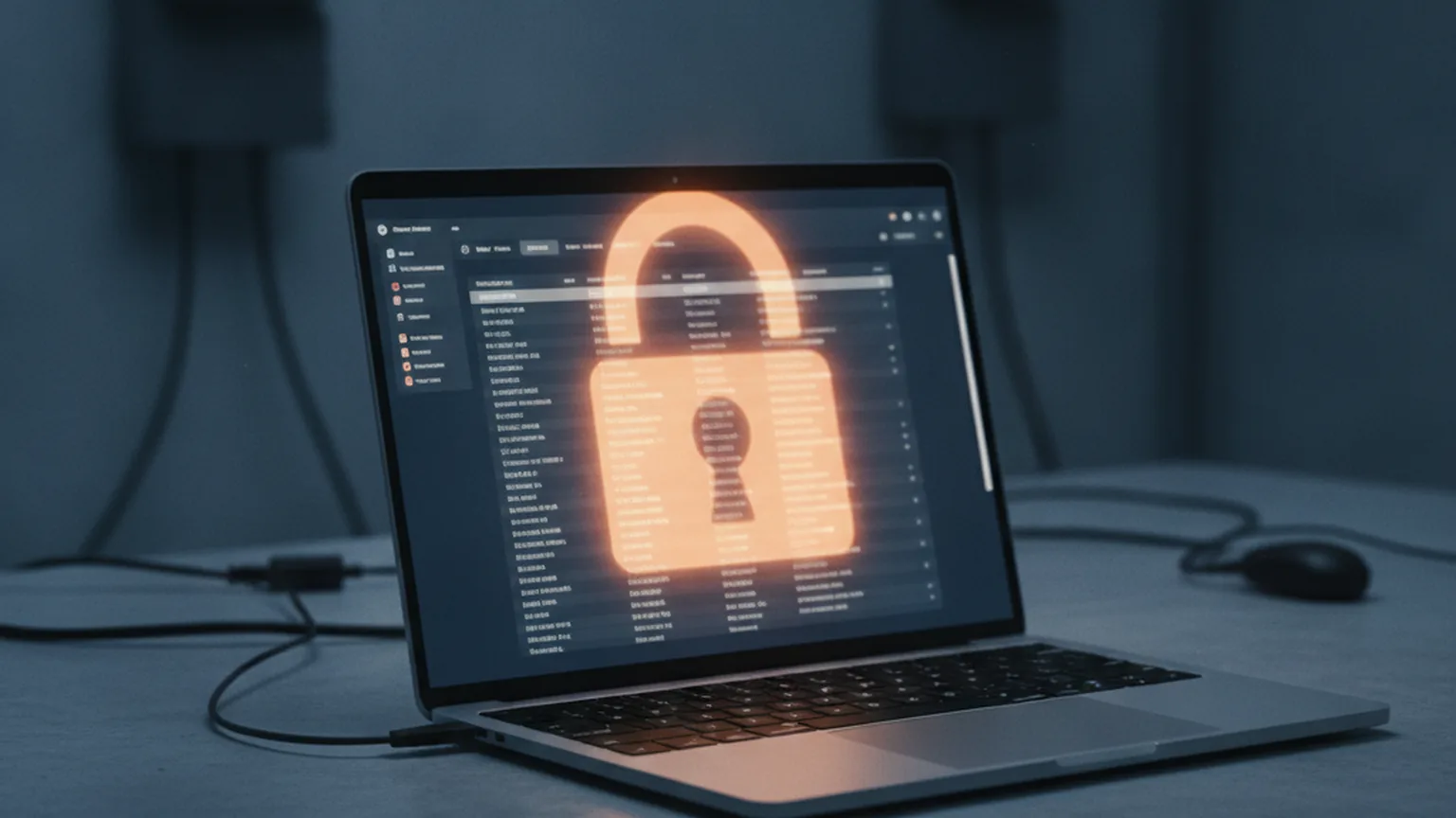 Ordinateur portable affichant une base de données clients floue, recouverte d'un cadenas ouvert lumineux