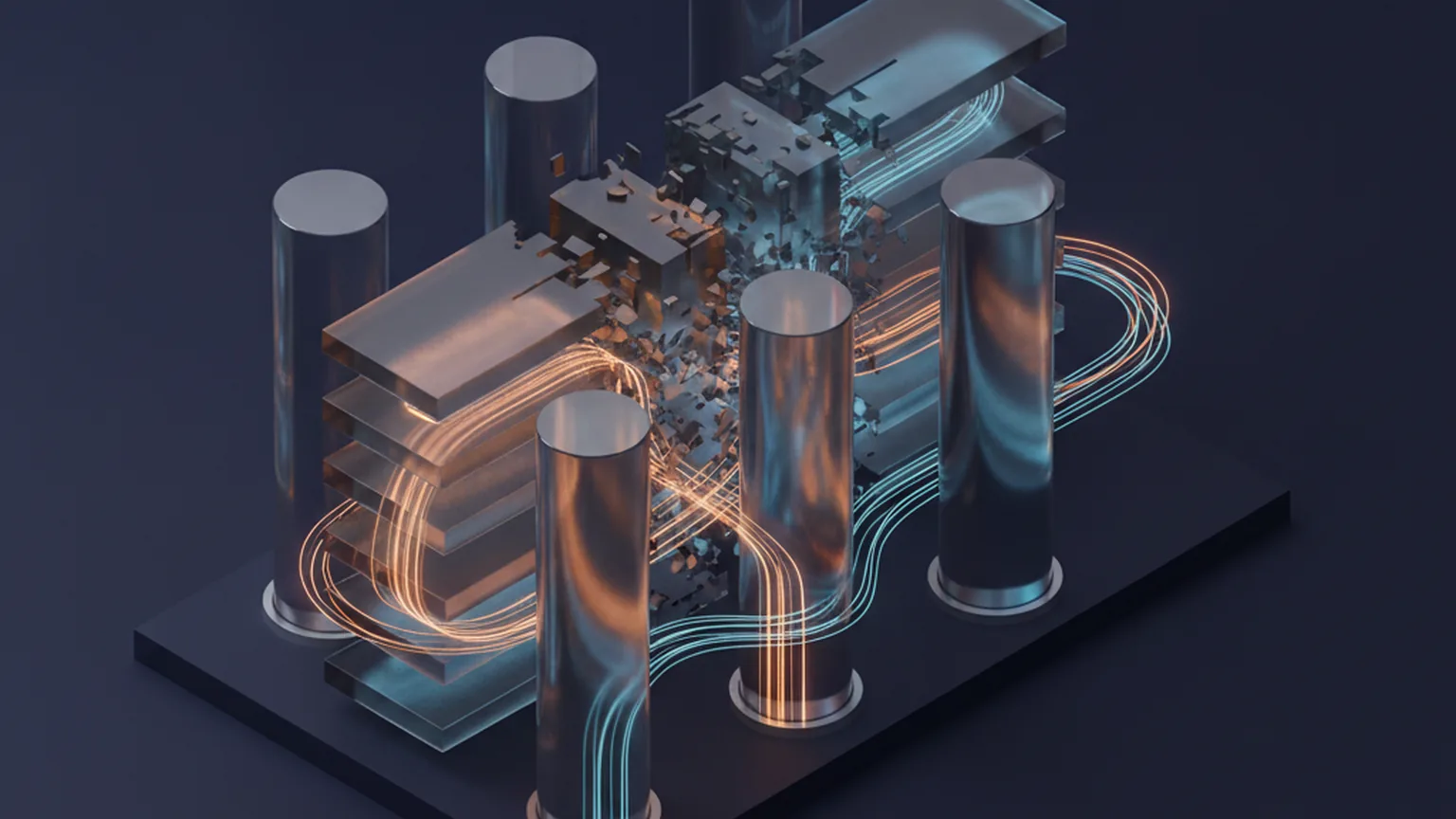 Isometric illustration of a relational database engine under maintenance: translucent data blocks and index shards being rebuilt in parallel with amber and blue data streams flowing through storage columns on a deep navy background